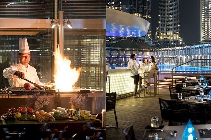 Experience stunning views of Dubai while enjoying a luxurious three-course meal all set against the backdrop of the magnificent Burj Khalifa and the sparkling fountain below.